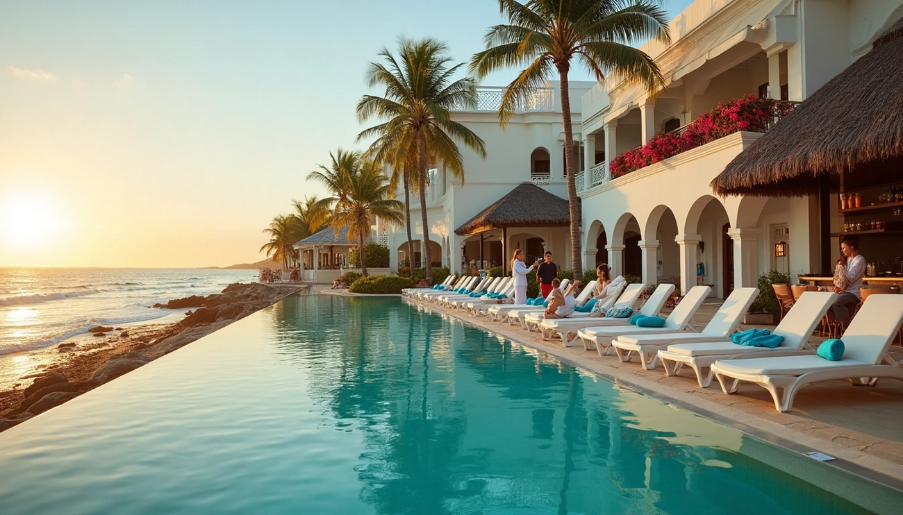 Exim Tours Opinie 2025: Wszystko, Co Musisz Wiedzieć Przed Rezerwacją Sunset view of an oceanfront infinity pool with lounge chairs and palm trees at a luxury resort.