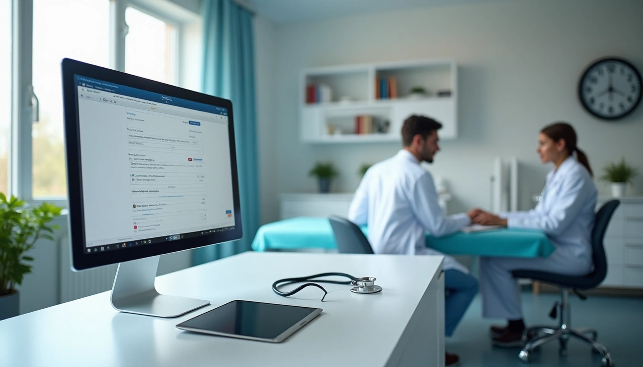 Receptomat Opinie: Czy Warto Skorzystać z Platformy w 2025? Medical professionals discussing patient care in a modern clinic with digital tools on a desk in the foreground.