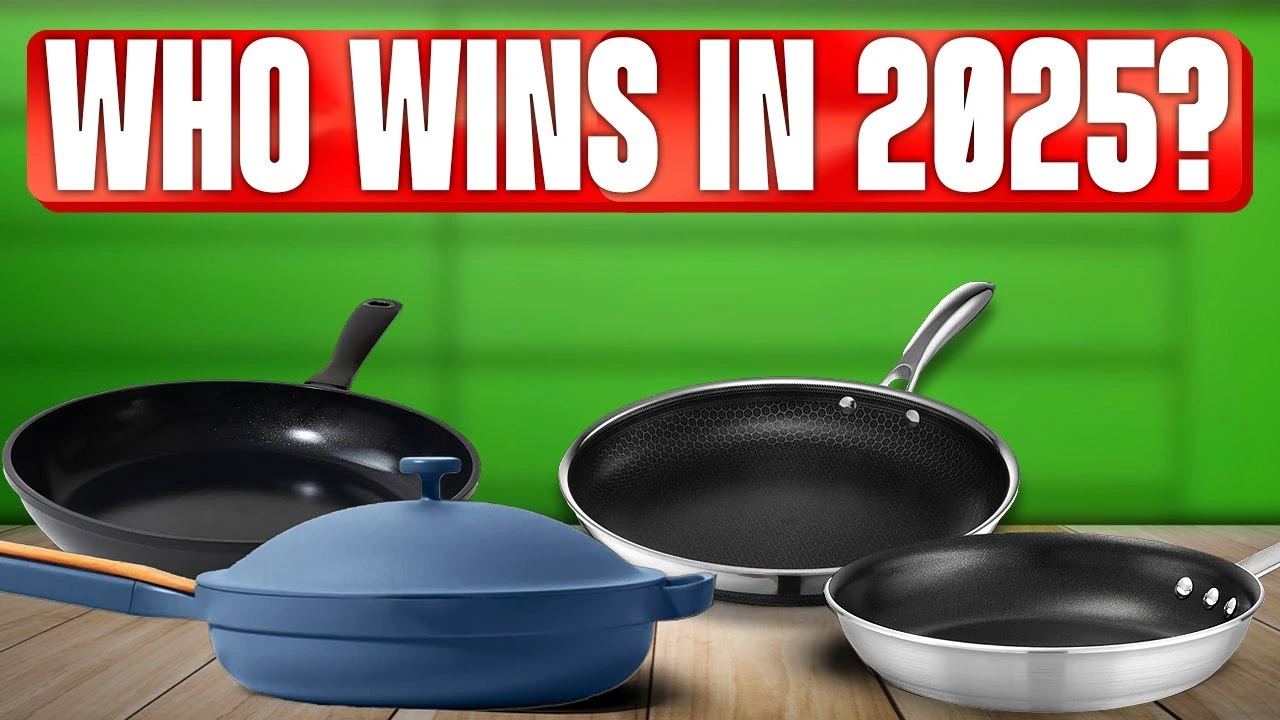 Najlepsze patelnie – Przewodnik Kupującego + Ranking Top 5 Top 5 best non-stick pans for 2025 displayed with 'Who Wins in 2025?' text on a green background.