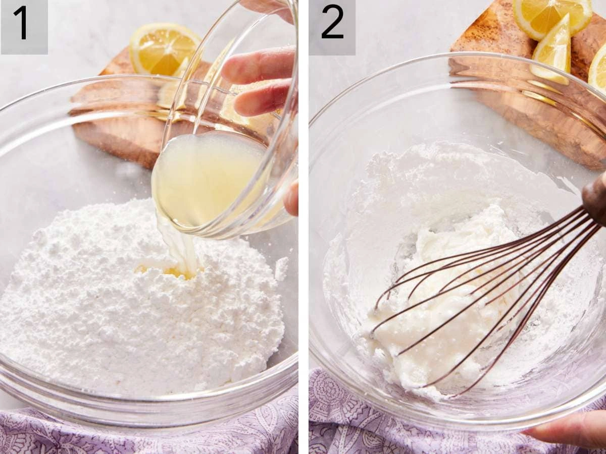Jak Zrobić Lukier w 5 Minut? Sprawdzona Metoda na Błyszczące Wypieki Mixing powdered sugar and lemon juice in a glass bowl to make lemon glaze with a whisk and lemon slices nearby.