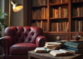 Najlepsze książki 2025 roku, które musisz przeczytać Cozy reading nook with a red leather armchair, stacked najlepsze ksiazki, and a steaming cup of tea in a home library.