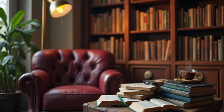 Najlepsze książki 2025 roku, które musisz przeczytać Cozy reading nook with a red leather armchair, stacked najlepsze ksiazki, and a steaming cup of tea in a home library.