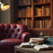 Najlepsze książki 2025 roku, które musisz przeczytać Cozy reading nook with a red leather armchair, stacked najlepsze ksiazki, and a steaming cup of tea in a home library.