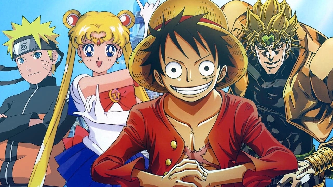 Najlepsze Anime w 2025: Sekrety Wyboru, Których Nie Znałeś Popular anime characters from Naruto, Sailor Moon, One Piece, and Dragon Ball showcase iconic styles and poses.