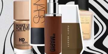 Top10 - Najlepsze Podkłady do Twarzy: Co Ukrywają Profesjonaliści? Five different foundation bottles from brands like Make Up For Ever, NARS, By Mario, Fenty Beauty, and Dr. Rath Labs on a black and white abstract background.