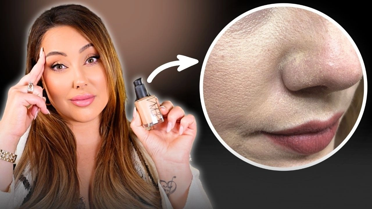 Top10 - Najlepsze Podkłady do Twarzy: Co Ukrywają Profesjonaliści? Woman holding a foundation bottle with a close-up showing smooth, flawless skin texture near the nose and lips.