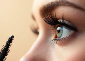 Close-up of a mascara wand near long, dark eyelashes against a beige background. Najlepsze Tusze do Rzęs