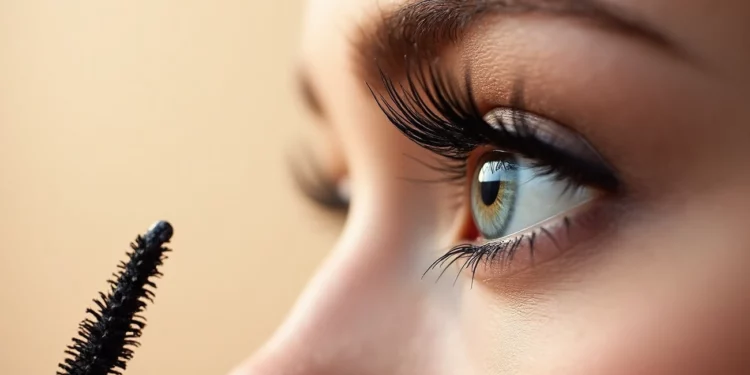 Close-up of a mascara wand near long, dark eyelashes against a beige background. Najlepsze Tusze do Rzęs