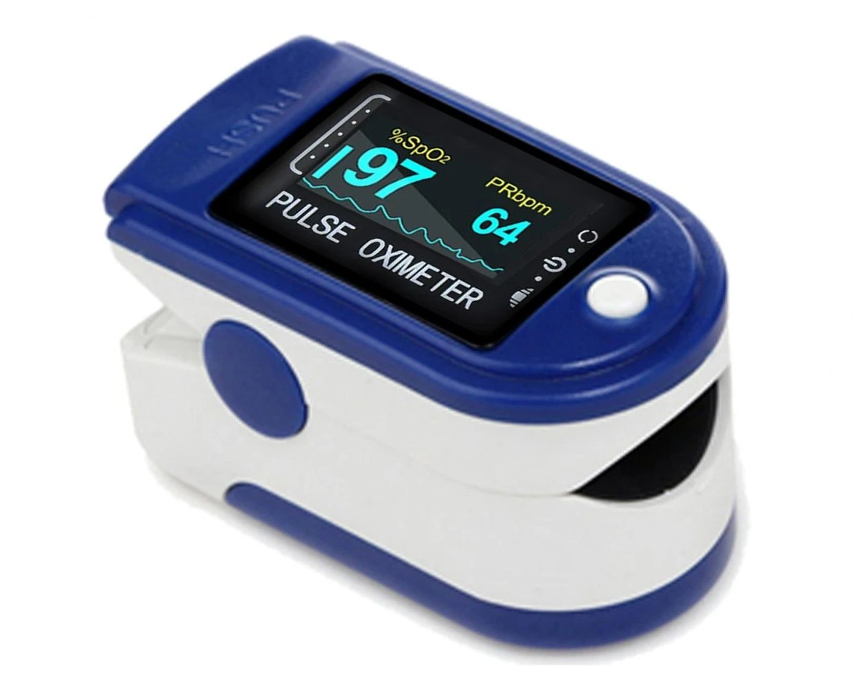 Easy@Home pulse oximeter showing SpO2 at 97% and pulse rate at 64 bpm on a blue and white device.