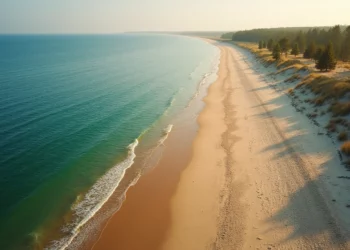 Aerial view of Najpiękniejsze Plaże w Polsce, a long, empty sandy beach with gentle waves and a forested shoreline at sunset in Poland.