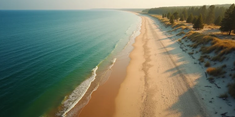 12 Najpiękniejsze Plaże w Polsce: Nieznane Zatoki i Dzikie Wybrzeża Aerial view of Najpiękniejsze Plaże w Polsce, a long, empty sandy beach with gentle waves and a forested shoreline at sunset in Poland.