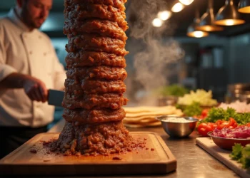 Chef slicing steaming najlepszy kebaby w warszawie stacked on a vertical rotisserie with fresh vegetables and sauces nearby.