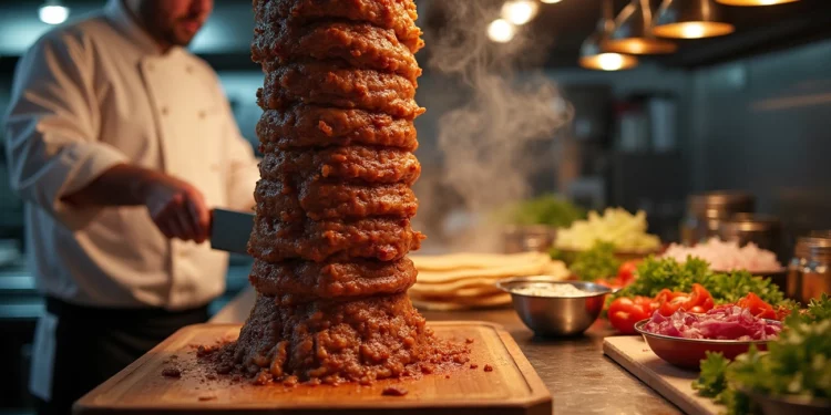 8 Najlepsze Kebaby w Warszawie - Gdzie Zjeść Prawdziwy Turecki Kebab ? Chef slicing steaming najlepszy kebaby w warszawie stacked on a vertical rotisserie with fresh vegetables and sauces nearby.