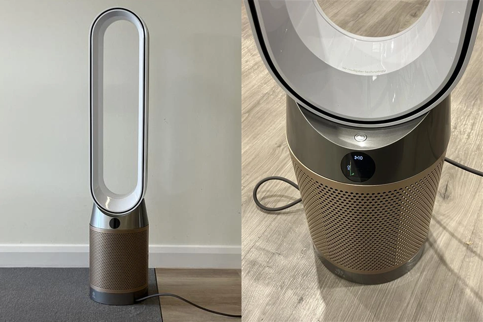 Jaki Wentylator Na Upały? Ranking wentylatorów stojących 2025 Modern bladeless tower fan with digital display and air multiplier technology shown from front and top views on wooden and carpeted floors.