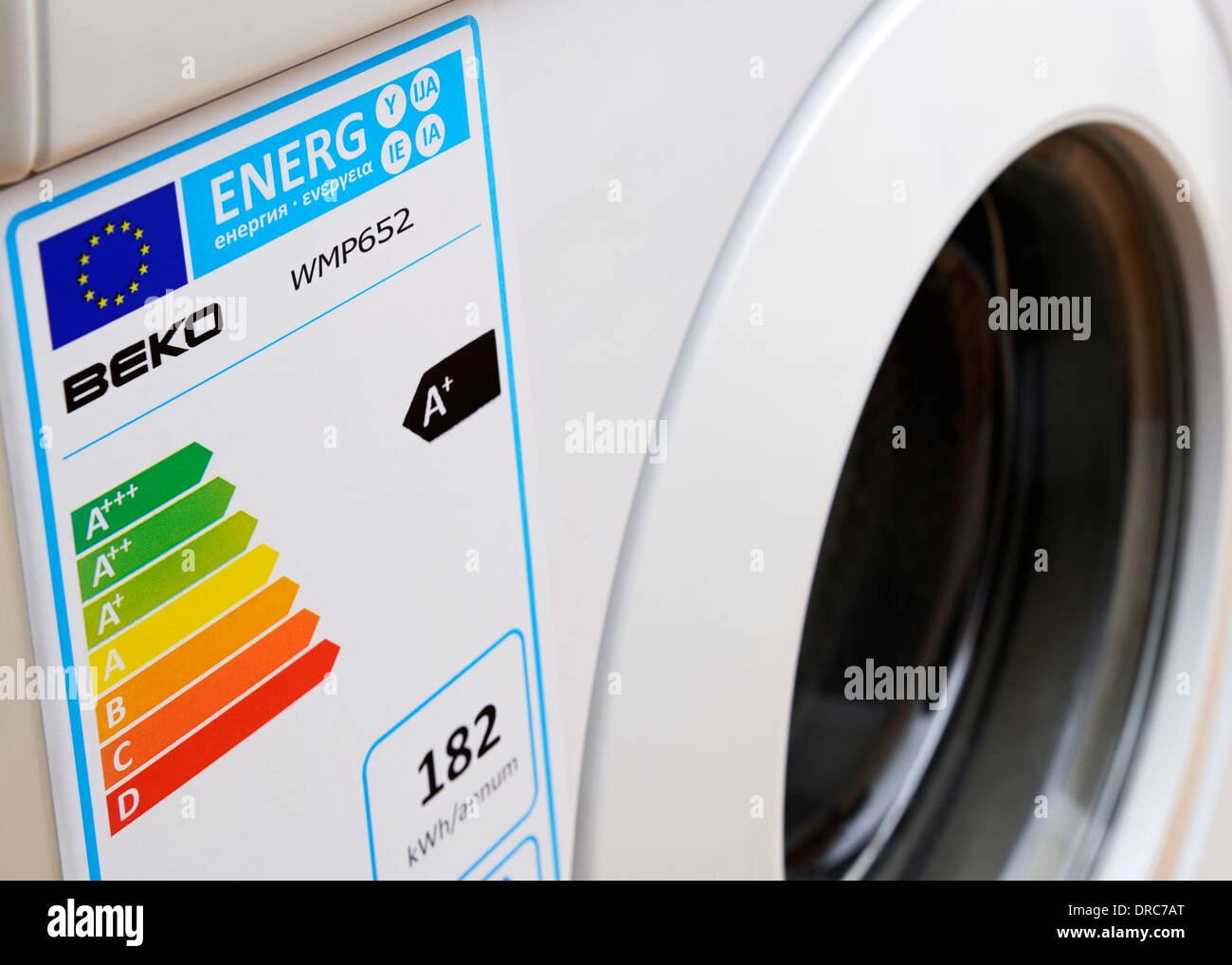 Ranking Pralek 2025: Twój Skuteczny Przewodnik Po Cenach i Funkcjach Close-up of a BEKO washing machine with an EU energy label showing an A+ efficiency rating.