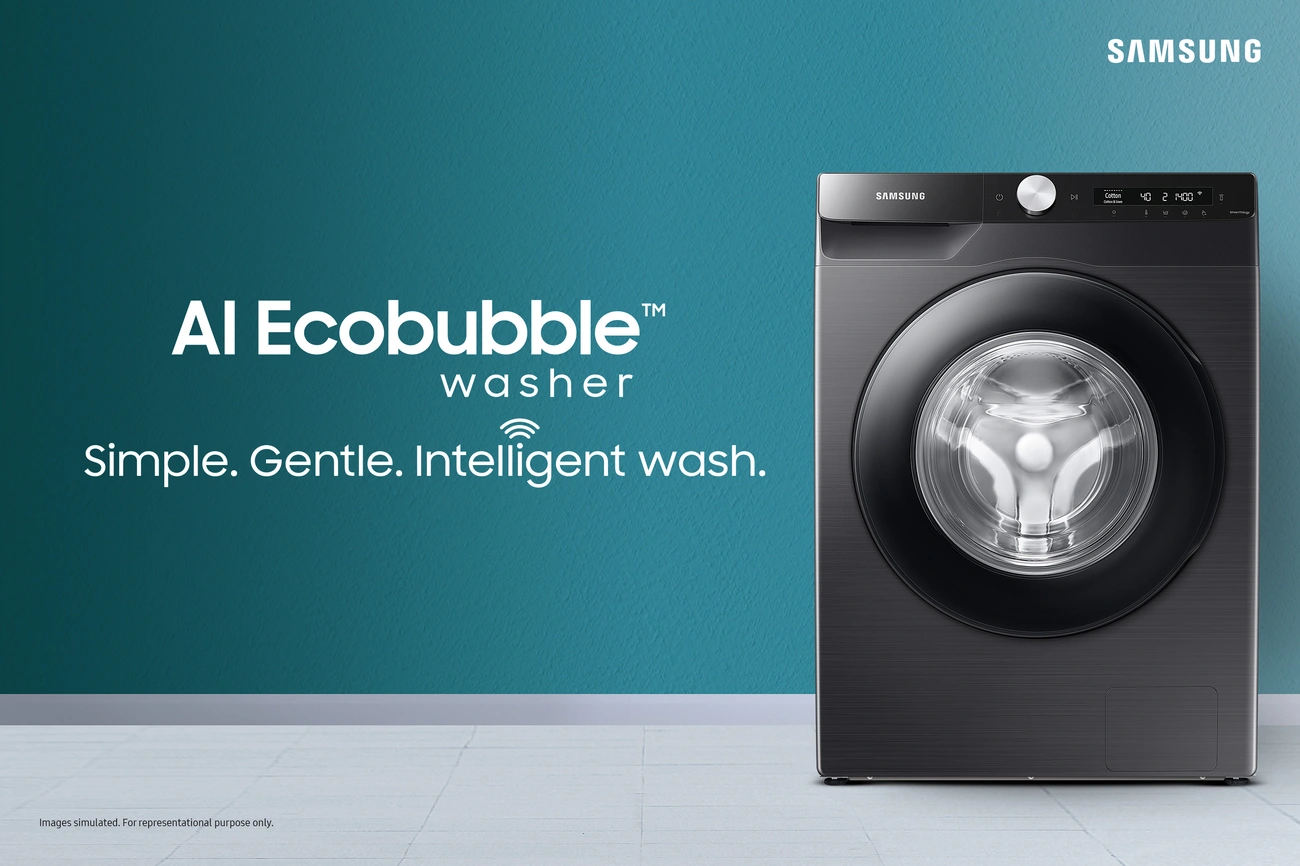 Ranking Pralek 2025: Twój Skuteczny Przewodnik Po Cenach i Funkcjach Samsung AI Ecobubble washer with smart, gentle, and intelligent wash technology against a blue background.