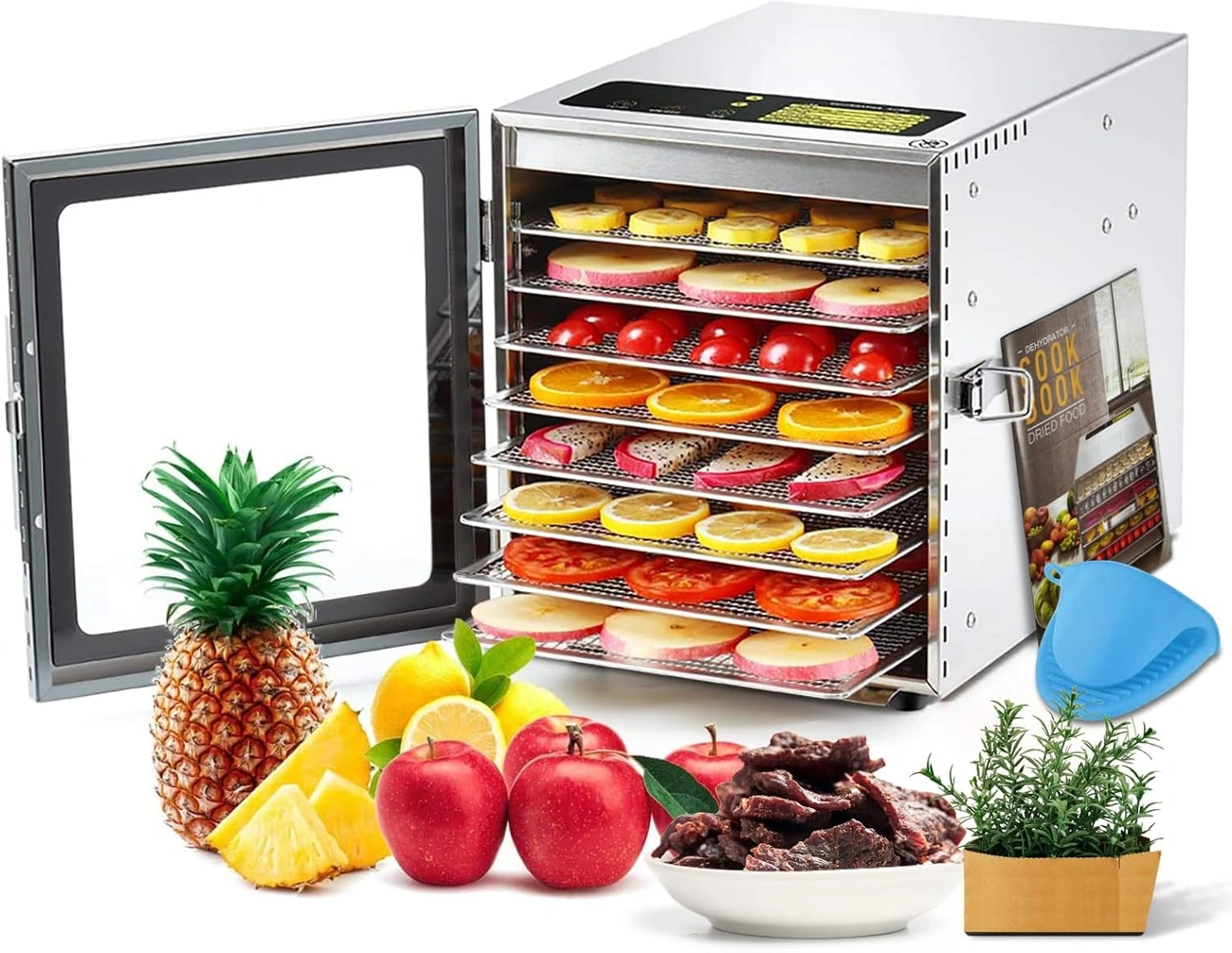 Food dehydrator with 8 stainless steel trays filled with sliced fruits and vegetables, surrounded by fresh produce and dried meat.