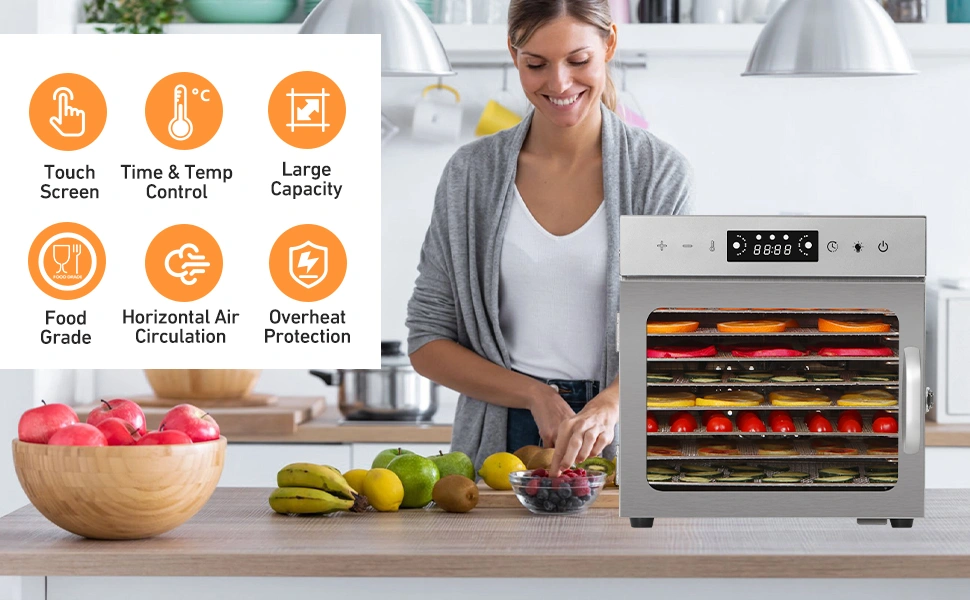 Panana food dehydrator with touchscreen and large capacity drying various fruits in a modern kitchen setting.