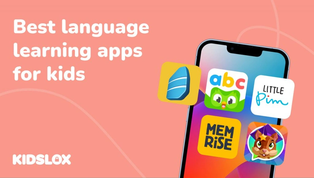 Najlepsze aplikacje do nauki języków obcych w 2025 roku Smartphone screen showing icons of top language learning apps for kids against a pink background with Kidslox branding.