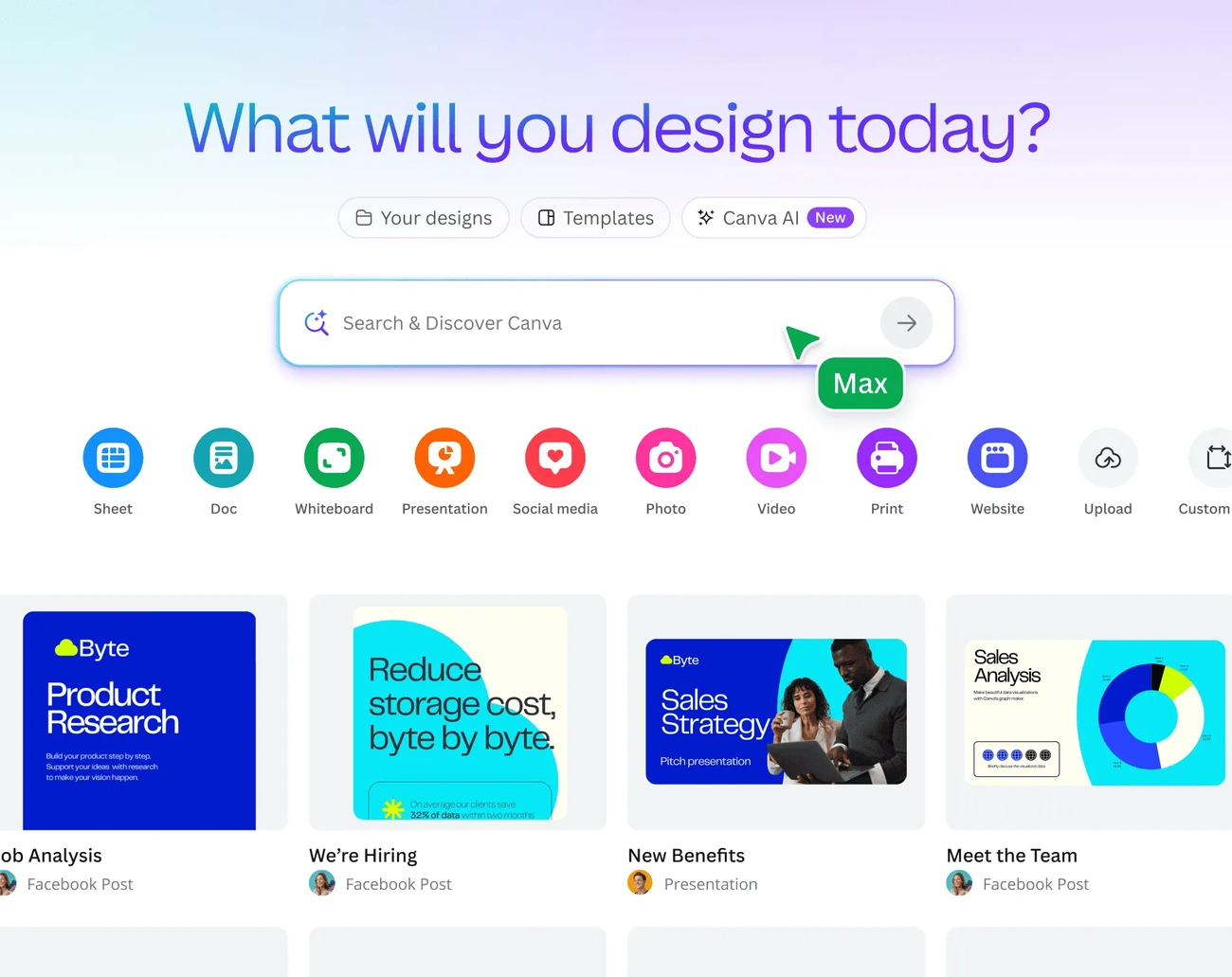 Sztuczna Inteligencja w Szkole: Sprawdzone Aplikacje na Rok 2025/2026 Canva interface showing AI-powered design options like presentations, social media, photo, video, and website templates.