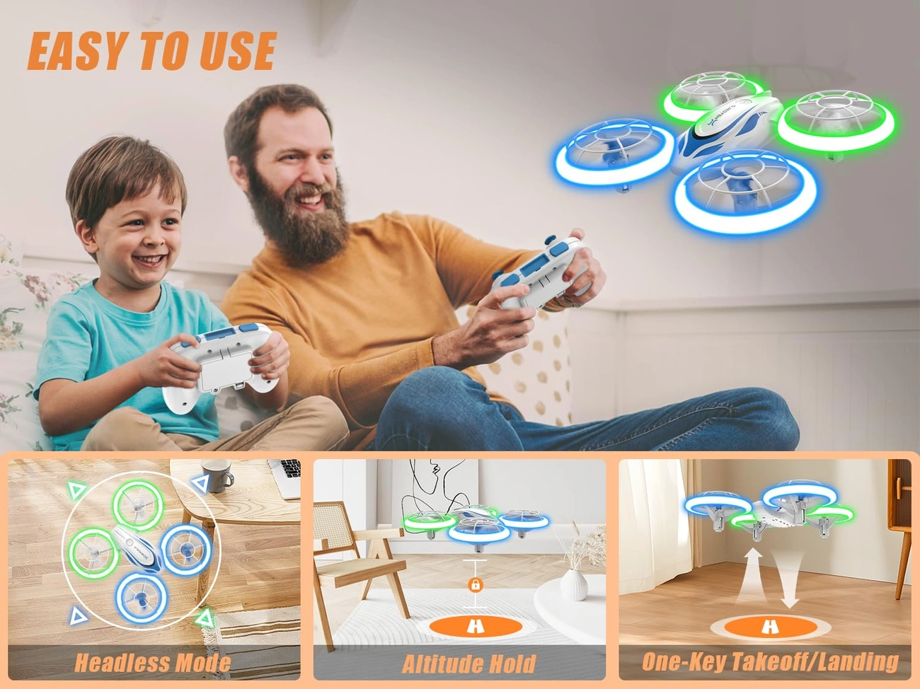 jaki dron na początek? Najlepszy Dron z kamerą: Ranking Top 10 Father and son playing with a mini drone featuring LED lights and easy-to-use controls in a cozy living room.
