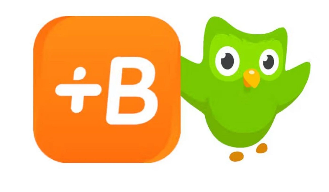 Sztuczna Inteligencja w Szkole: Sprawdzone Aplikacje na Rok 2025/2026 Orange Babbel app logo next to green DuoLingo owl mascot representing language learning apps comparison.