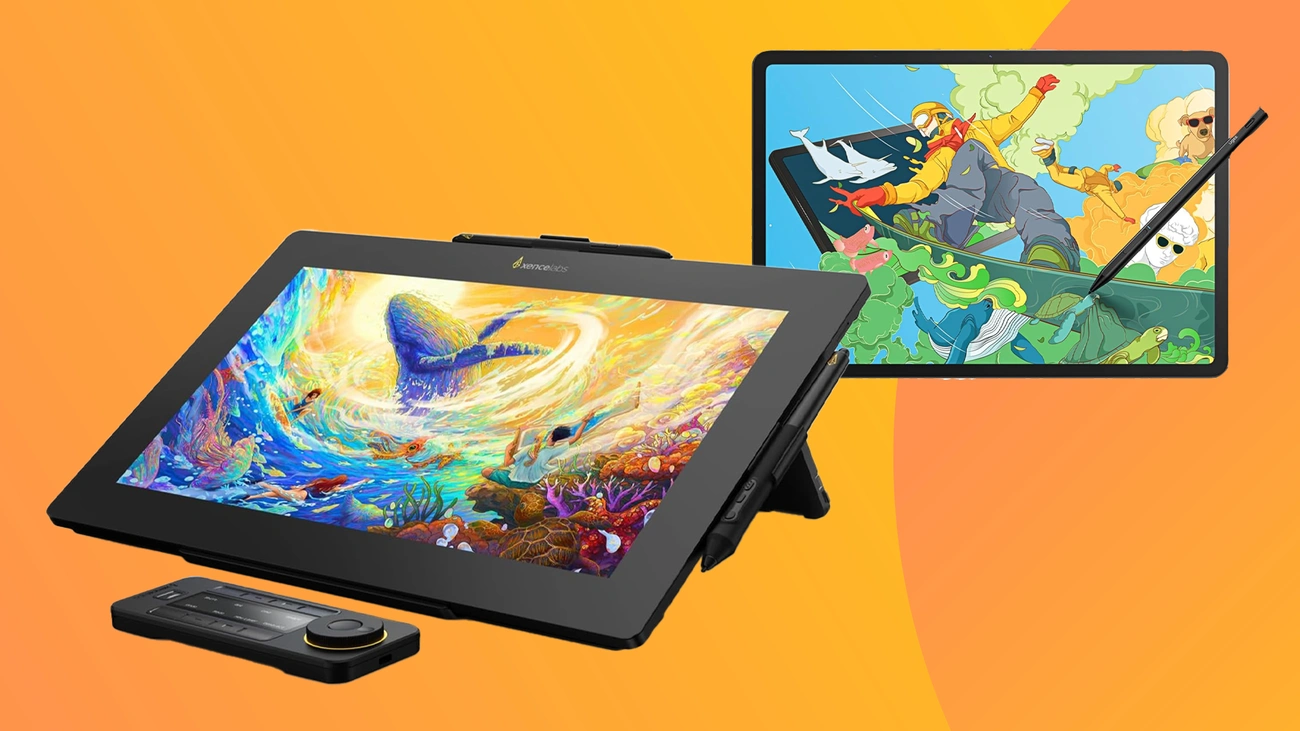 Najlepsze Tablety dla Uczniów i Studentów: Co Sprawdziłem Przed Zakupem Two digital drawing tablets displaying vibrant artwork with stylus pens and a control dial on an orange background.