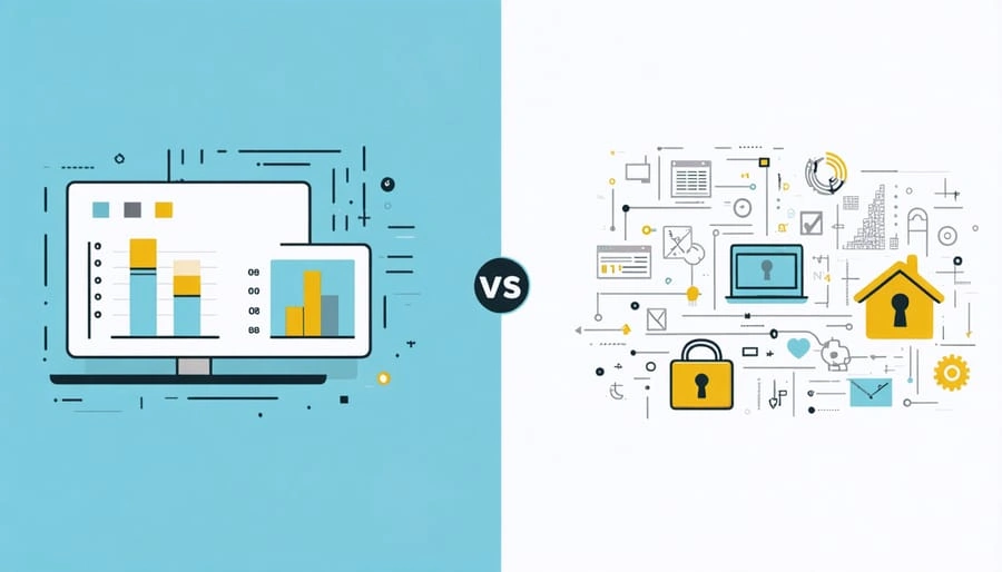 Sztuczna Inteligencja w Szkole: Sprawdzone Aplikacje na Rok 2025/2026 Illustration comparing data analysis on a laptop versus cybersecurity and privacy protection icons.
