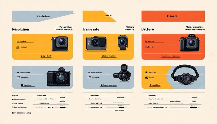 Comparison chart of action cameras highlighting resolution, frame rate, and battery features for choosing the best fit.