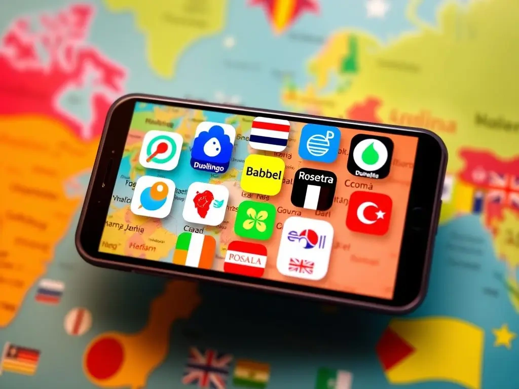 Najlepsze aplikacje do nauki języków obcych w 2025 roku Smartphone screen showing popular language learning app icons over a colorful world map background.