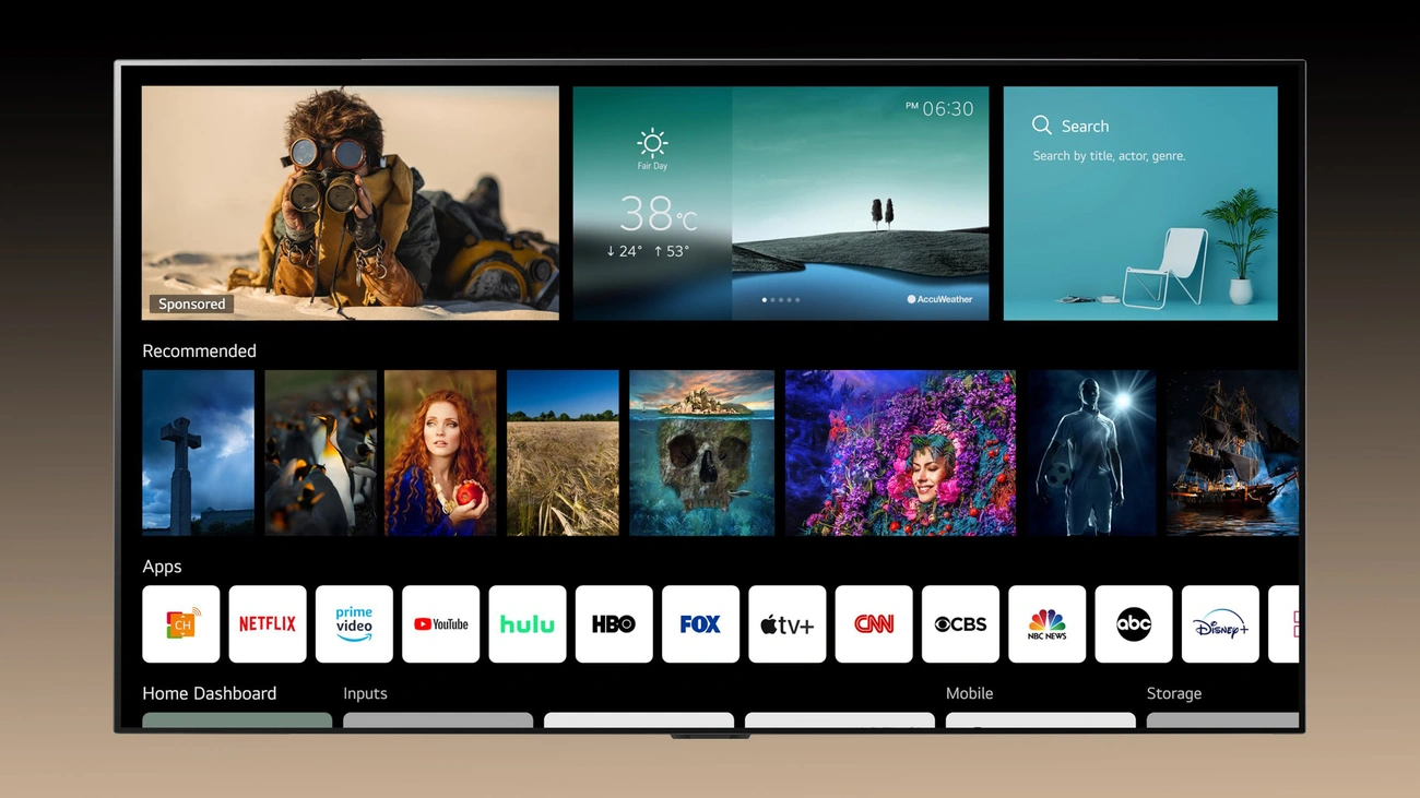 Jaki Telewizor Kupić do Streamingu? 8 Sprawdzonych Modeli Smart TV interface showing weather, search bar, recommended content, and popular streaming app icons including Netflix, Hulu, and Disney+.