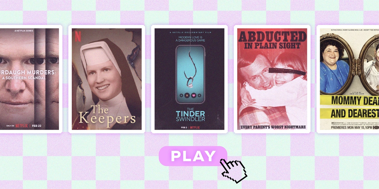 Covers of popular true crime documentaries including The Keepers, The Tinder Swindler, and Abducted in Plain Sight on a checkered background.