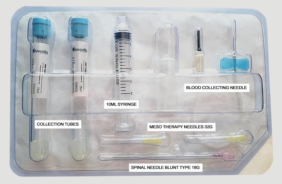 Medical PRP Kit containing collection tubes, 10ml syringe, blood collecting needle, mesotherapy needles, and spinal needle.