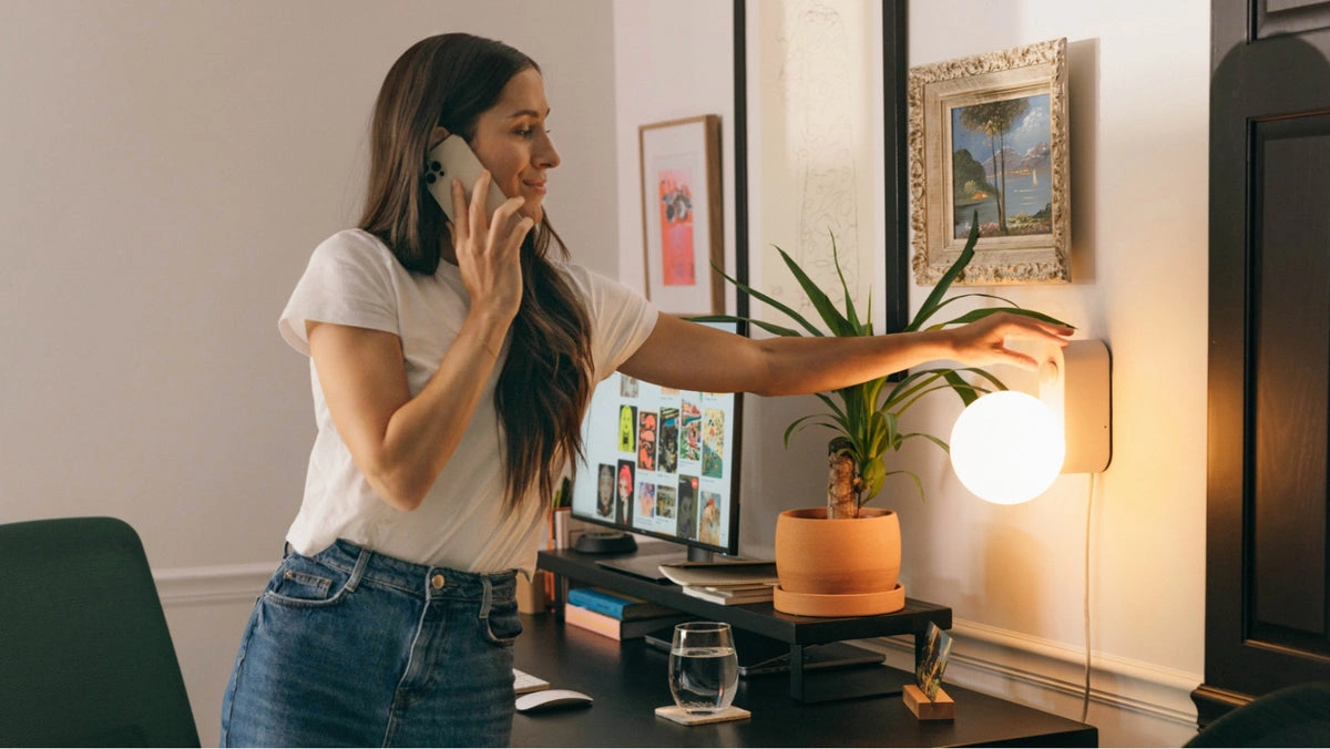 Jak Urządzić Domowe Biuro Do Pracy Zdalnej: Sprawdzone Metody Na 2025 Person adjusting a wall-mounted globe light in a cozy home office with a computer, plant, and framed artwork.