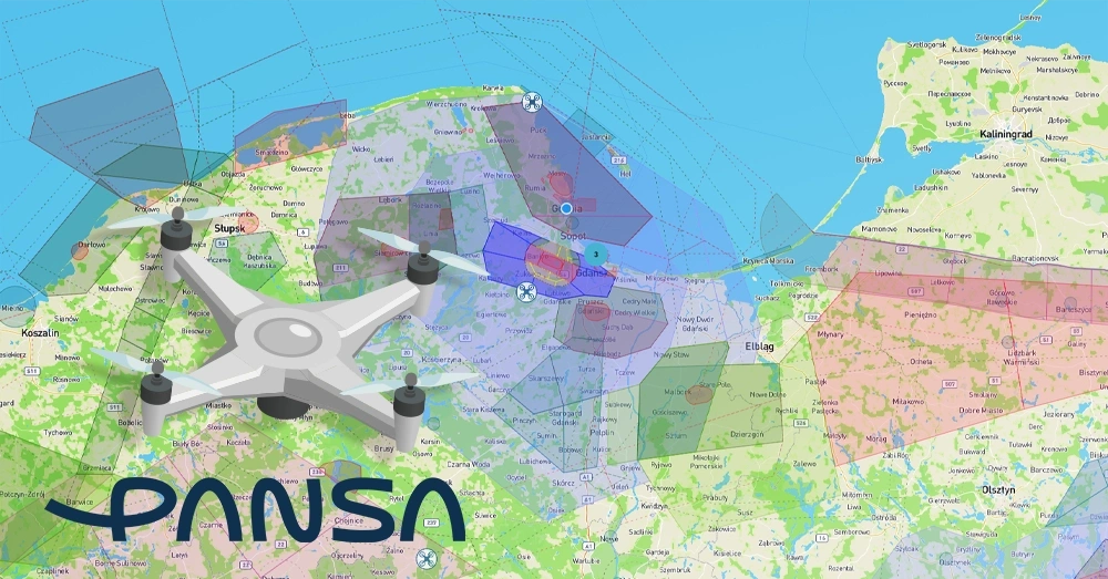 jaki dron na początek? Najlepszy Dron z kamerą: Ranking Top 10 Map showing geographical zones for drone flying restrictions with a drone graphic overlaid on the area near Słupsk and Gdańsk, Poland.