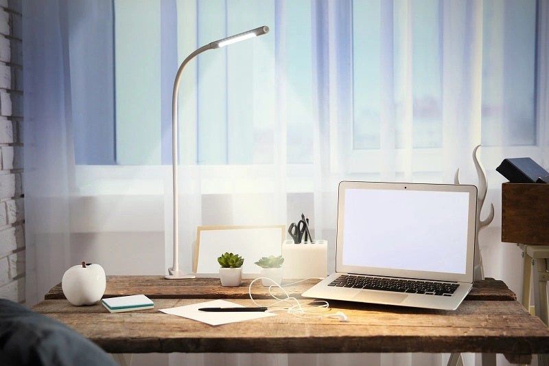 A well-lit wooden desk features a laptop, desk lamp, two small plants, stationery, and an apple by a sheer curtained window.