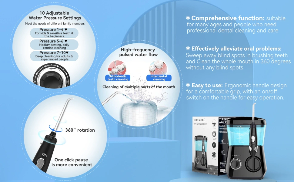 TUREWELL Water Flosser with 10 pressure settings, 360° rotating nozzle, and ergonomic handle for effective dental cleaning.