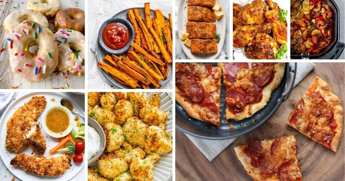 Collage of 20 healthy air fryer recipes including donuts, sweet potato fries, fish, chicken, cauliflower, pizza, and roasted vegetables.
