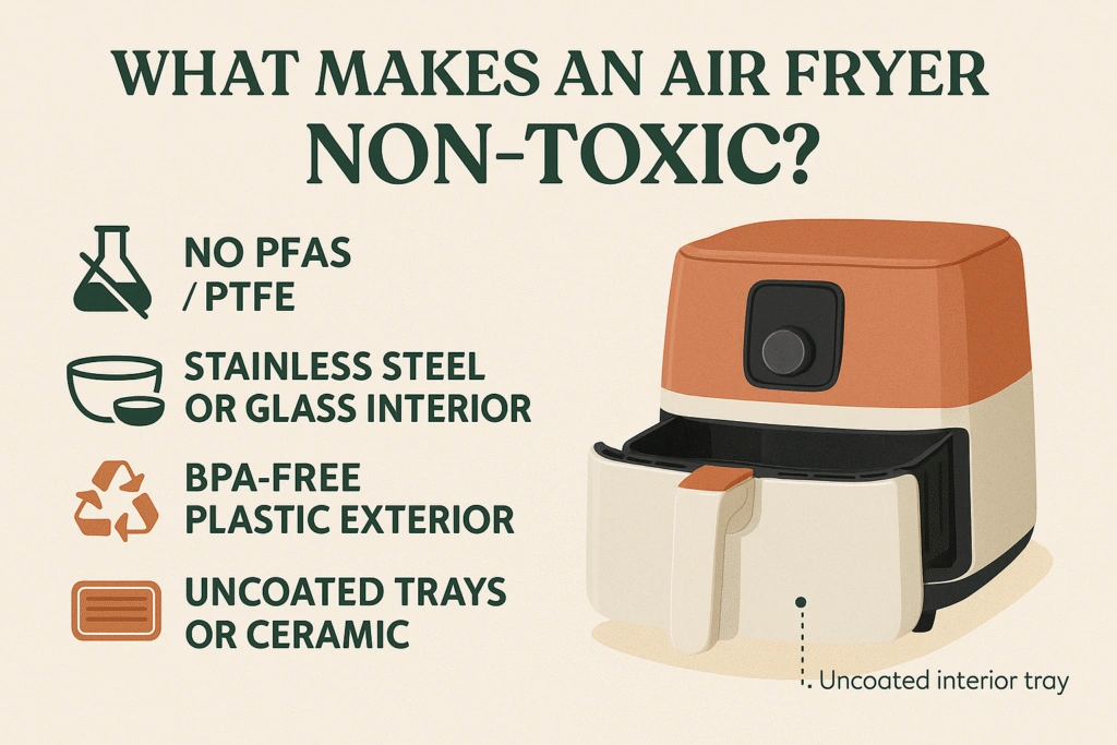Key features of non-toxic air fryers include no PFAS/PTFE, stainless steel or glass interior, BPA-free exterior, and uncoated trays.