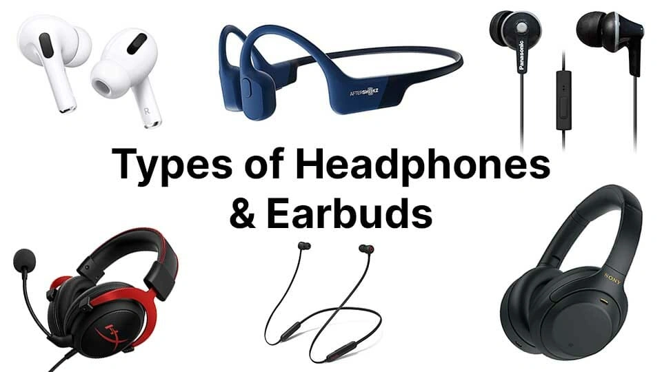 Jak Wybrać Idealne Słuchawki Bezprzewodowe? Kompletny Poradnik 2025 A variety of 15 different types of headphones and earbuds including wireless, bone conduction, over-ear, and in-ear models.