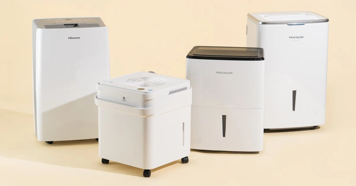 The three best dehumidifiers of 2025 from Hisense and Frigidaire displayed against a beige background.