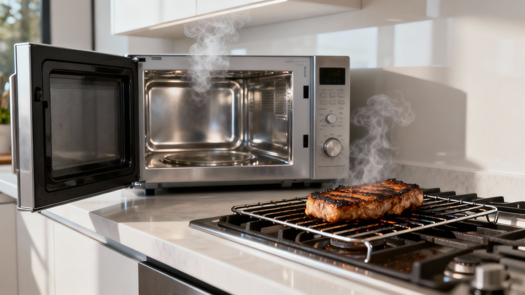 Kobieta korzystająca z nowoczesnej kuchenki mikrofalowej z innowacyjnymi funkcjami