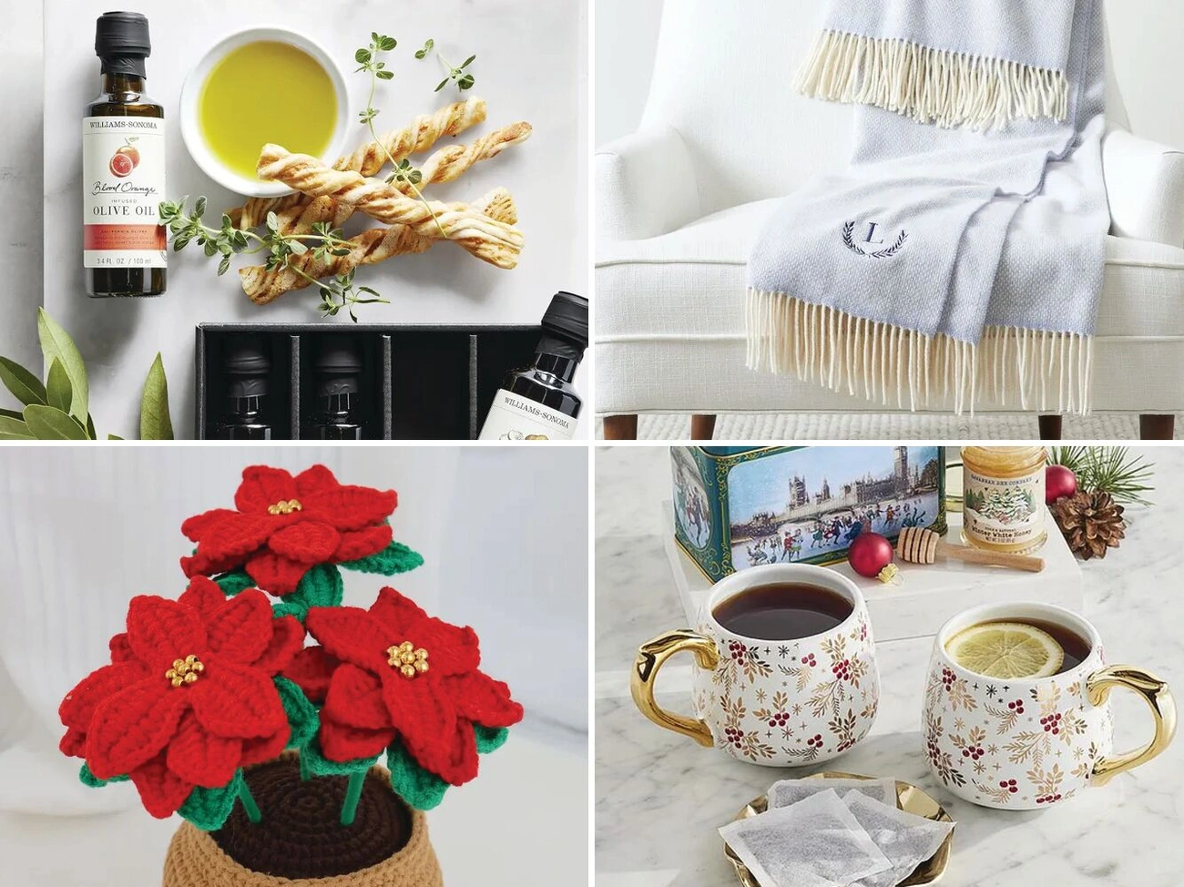 Prezent na Święta 2025: Co Naprawdę Chcą Dostać Twoi Bliscy? Collage of holiday gift ideas including olive oil set, cozy blanket, knitted poinsettia flowers, and festive mugs with tea.