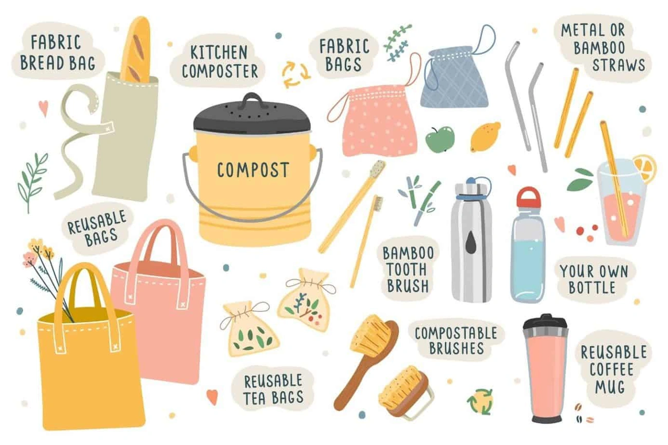 Zakupy Świąteczne Bez Stresu: Sprawdzony Plan Na 2025 Rok Illustration of zero waste lifestyle tips featuring reusable bags, compost bin, bamboo toothbrush, metal straws, and eco-friendly items.