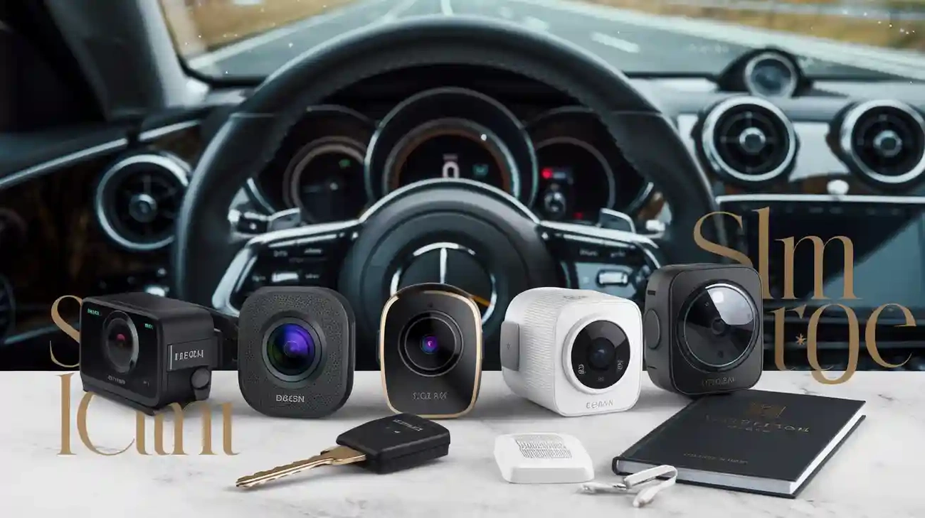 Ranking Kamer Samochodowych — Tanie, Średnia Półka i Premium Pięć różnych modeli kamer samochodowych ustawionych przed kierownicą auta na marmurowej powierzchni, obok kluczyków i notesu.