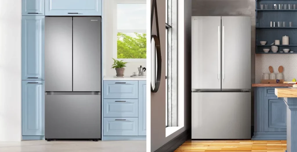 Side-by-side images of modern built-in stainless steel French door refrigerators in stylish kitchen settings.