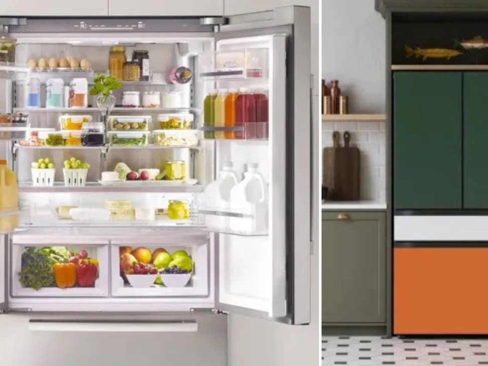 Open French-door refrigerator filled with fresh fruits, vegetables, and beverages in a modern kitchen.