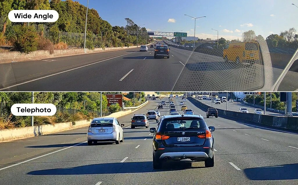 Ranking Kamer Samochodowych — Tanie, Średnia Półka i Premium Porównanie szerokokątnego i teleobiektywowego ujęcia z wideorejestratora na ruchliwej autostradzie, z podkreśleniem różnic w czytelności tablic rejestracyjnych.