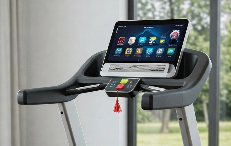 Najlepsza bieżnia domowa - Ranking 2026 Close-up of a smart treadmill console featuring a large touchscreen with app icons and control buttons.