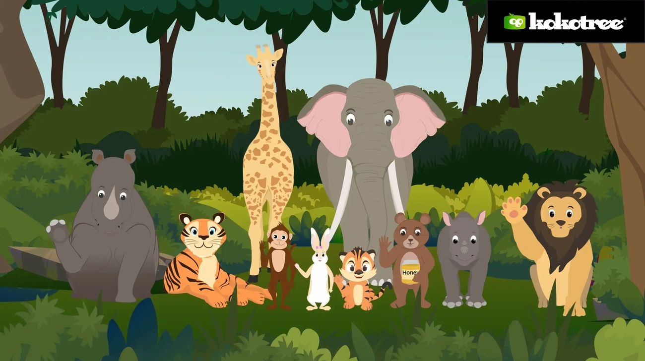 Cartoon animals including a rhino, tiger, giraffe, elephant, monkey, rabbit, bear, and lion waving in a forest setting.